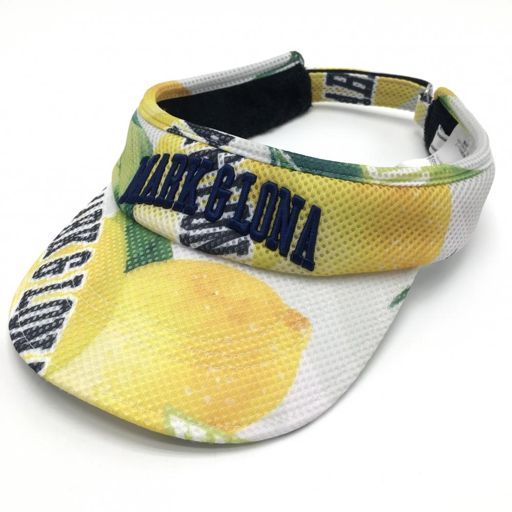 【美品】マークアンドロナ メッシュサンバイザー 白×イエロー×グリーン レモン柄 FREE  ゴルフウェア MARK＆LONA