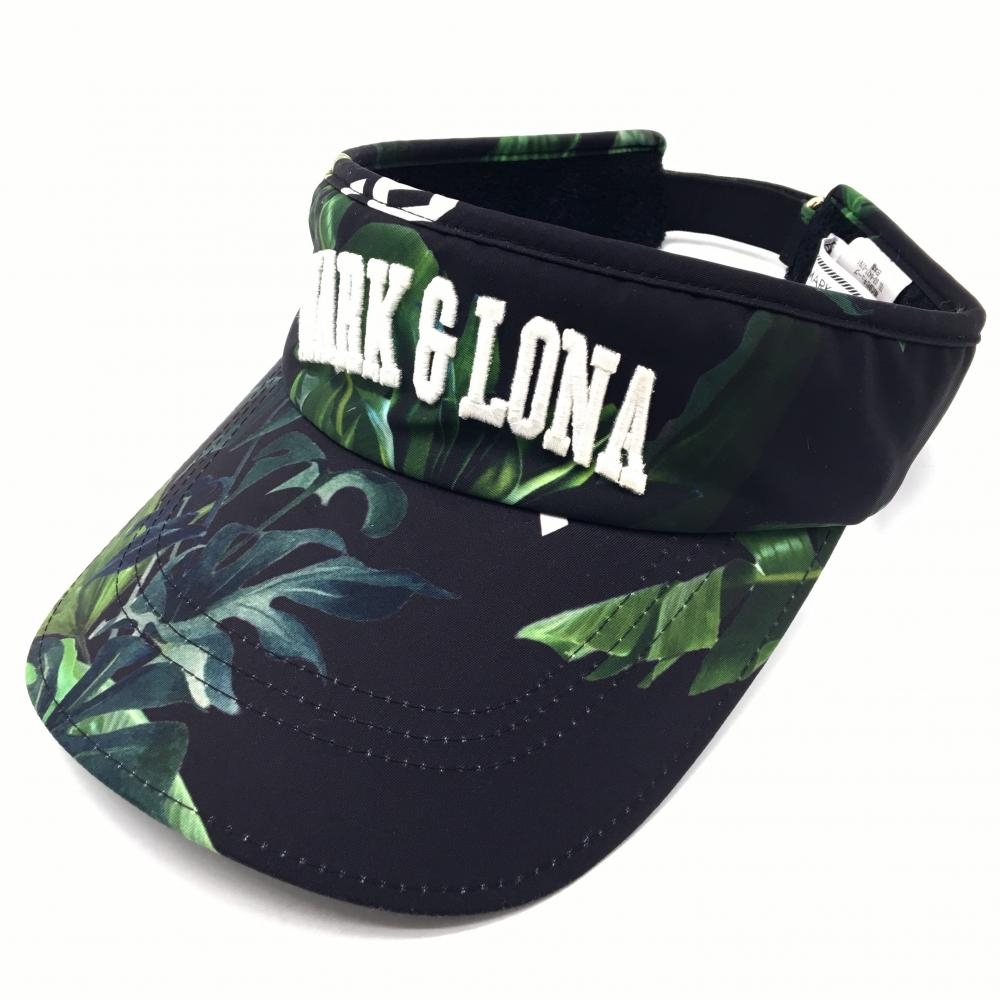【美品】マークアンドロナ サンバイザー 黒×グリーン リーフ柄 立体ロゴ S  ゴルフウェア MARK＆LONA