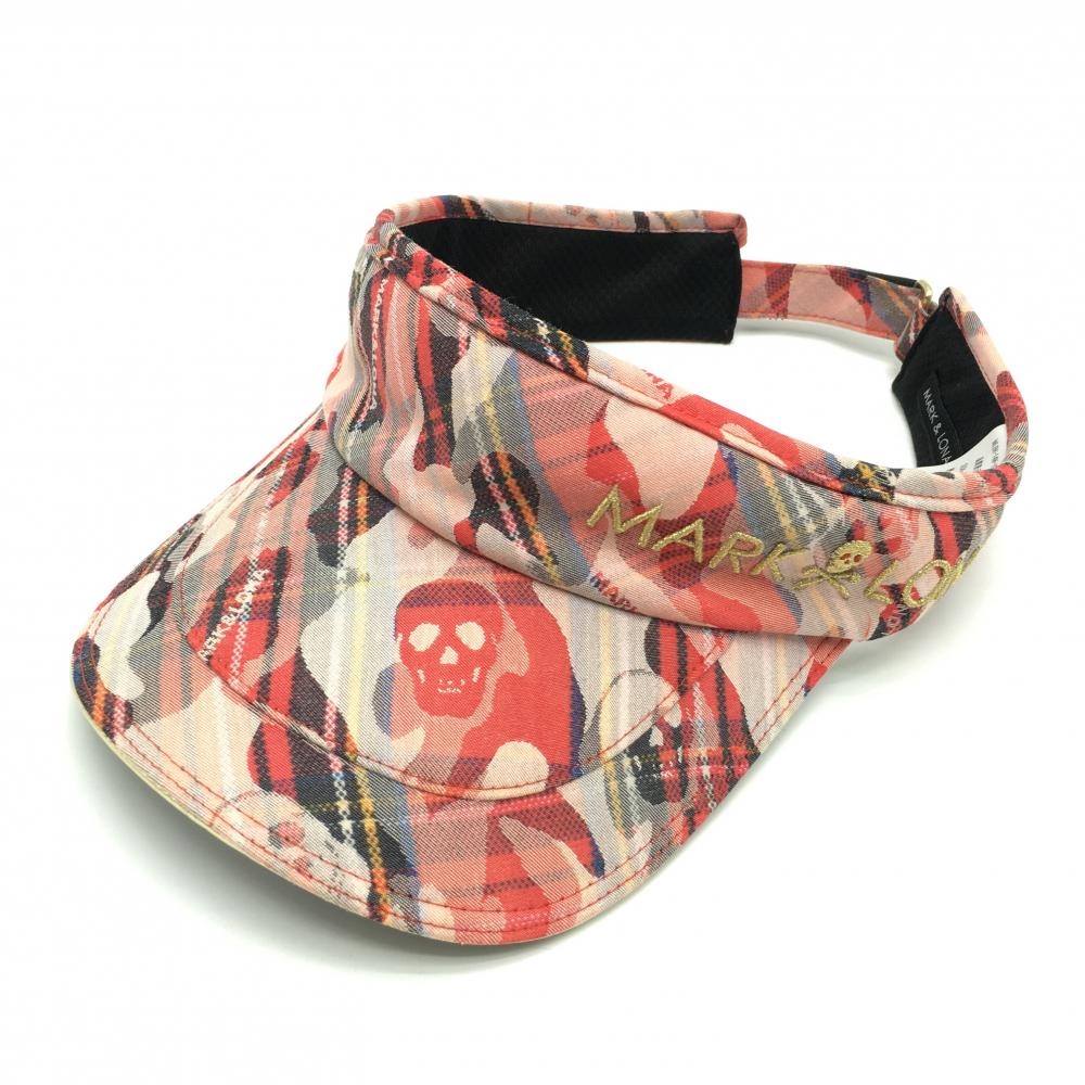 マークアンドロナ サンバイザー レッド系×白 チェック カモフラ柄 スカル ロゴゴールド S(54～58cm)   ゴルフウェア MARK＆LONA