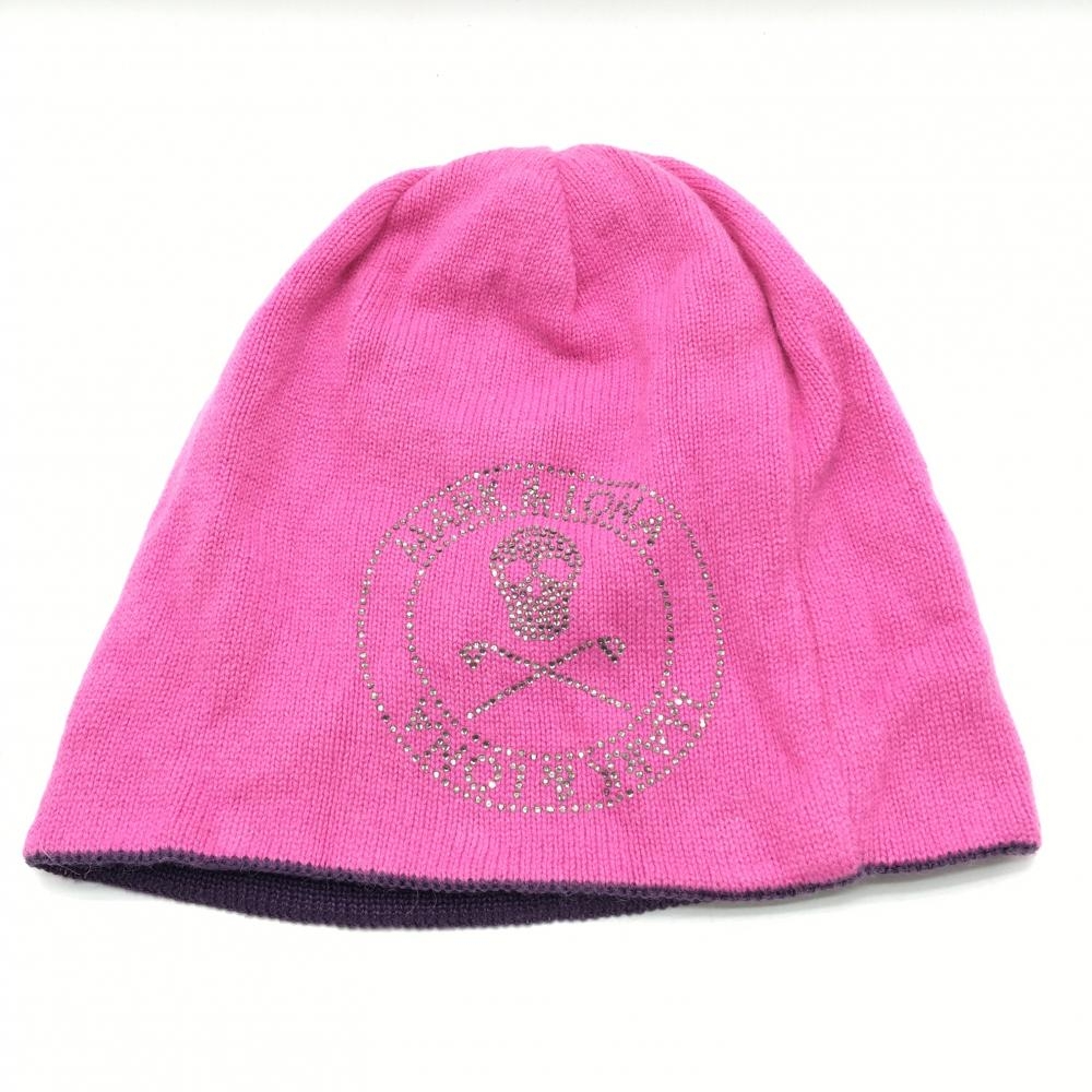 【超美品】マークアンドロナ リバーシブルニット帽 ピンク 片面パープル ラインストーンスカル  ゴルフウェア MARK＆LONA