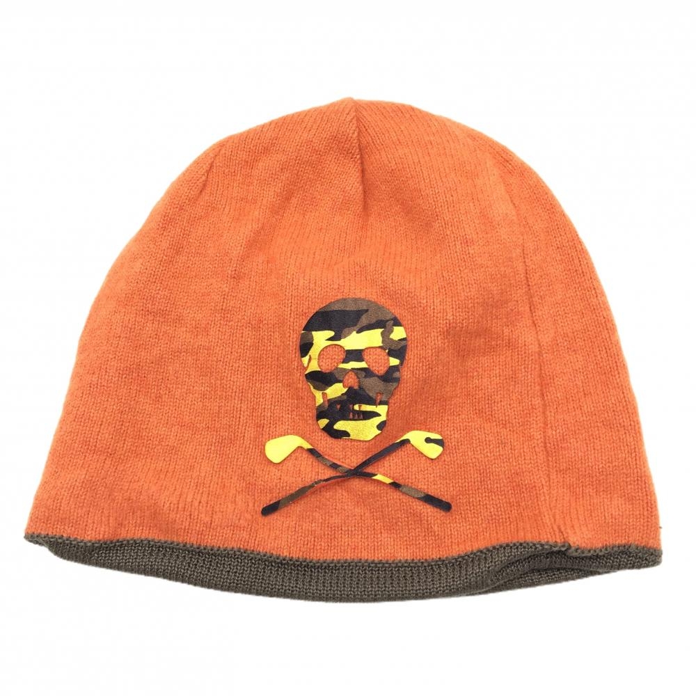 マークアンドロナ リバーシブルニット帽 オレンジ 片面ブラウン カモフラ柄スカル  ゴルフウェア MARK＆LONA