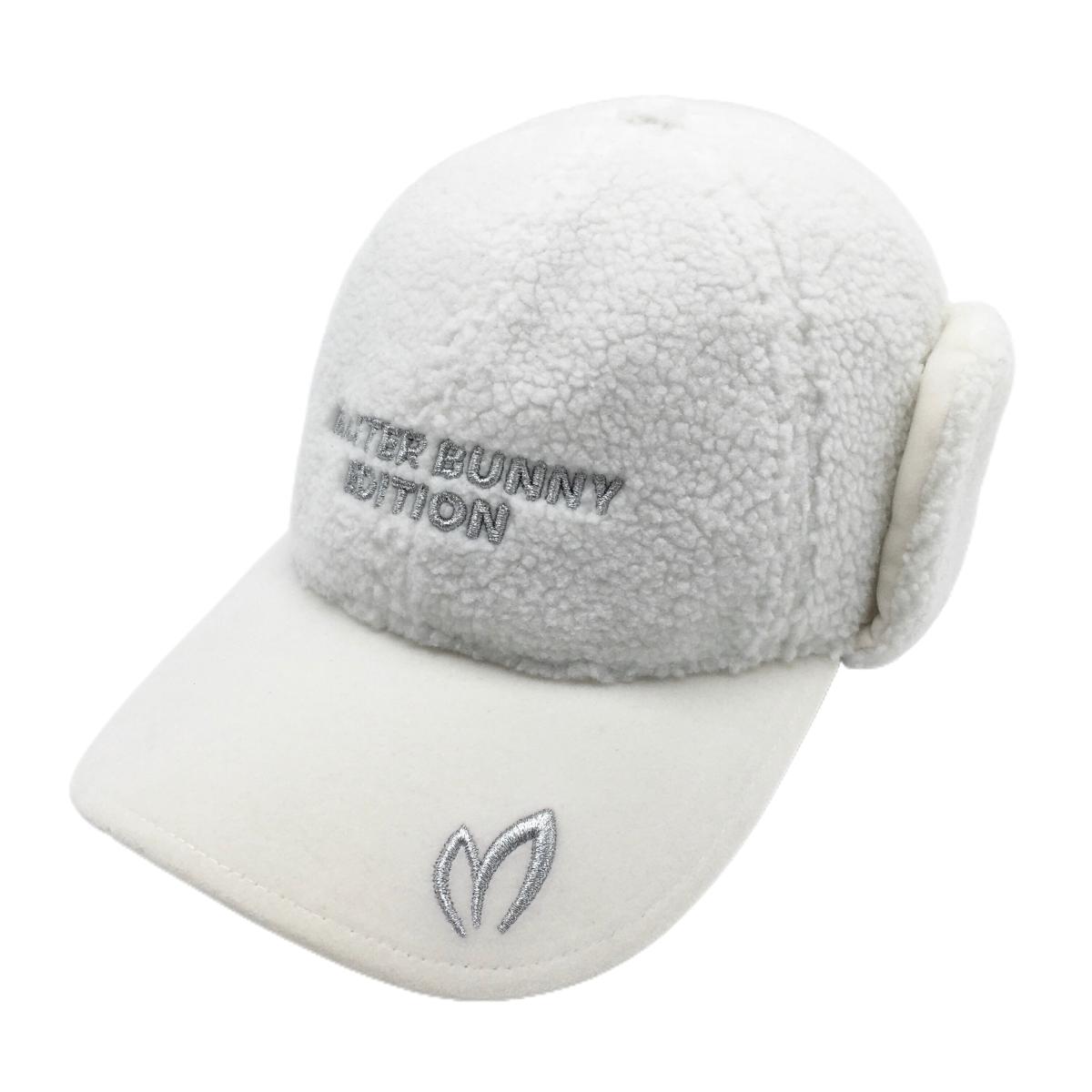 【美品】マスターバニー 耳当て付きボアキャップ 白×シルバー 一部ボア ロゴ刺しゅう FR   ゴルフウェア MASTER BUNNY EDITION