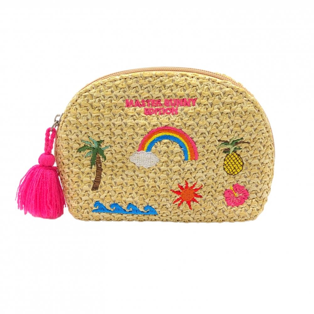 【美品】マスターバニー ポーチ ベージュ×ピンク 麦わら風 刺しゅう 小物入れ ゴルフ MASTER BUNNY EDITION