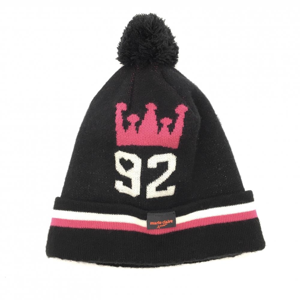 【美品】マリクレールスポール ニット帽 黒×ピンク ポンポン付き ゴルフウェア marie claire