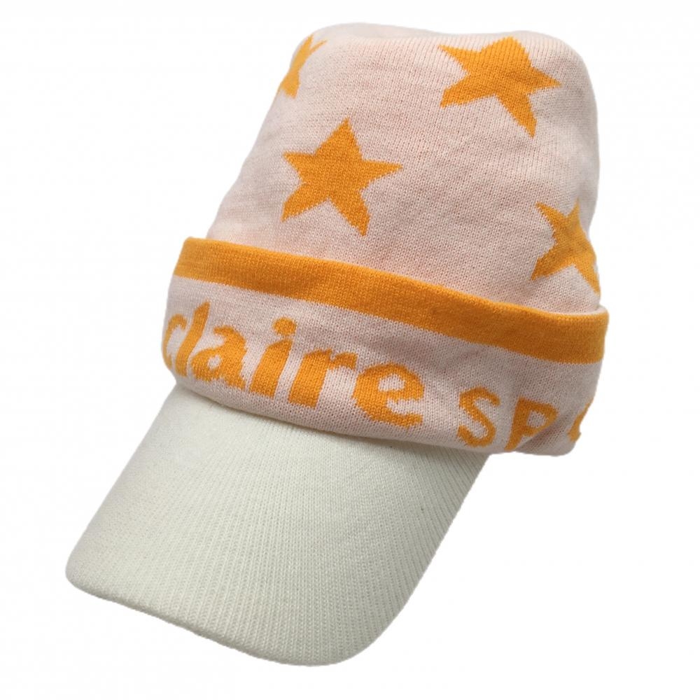 【超美品】マリクレールスポーツ つば付きニット帽 白×オレンジ 星柄  表記なし  ゴルフウェア marie claire