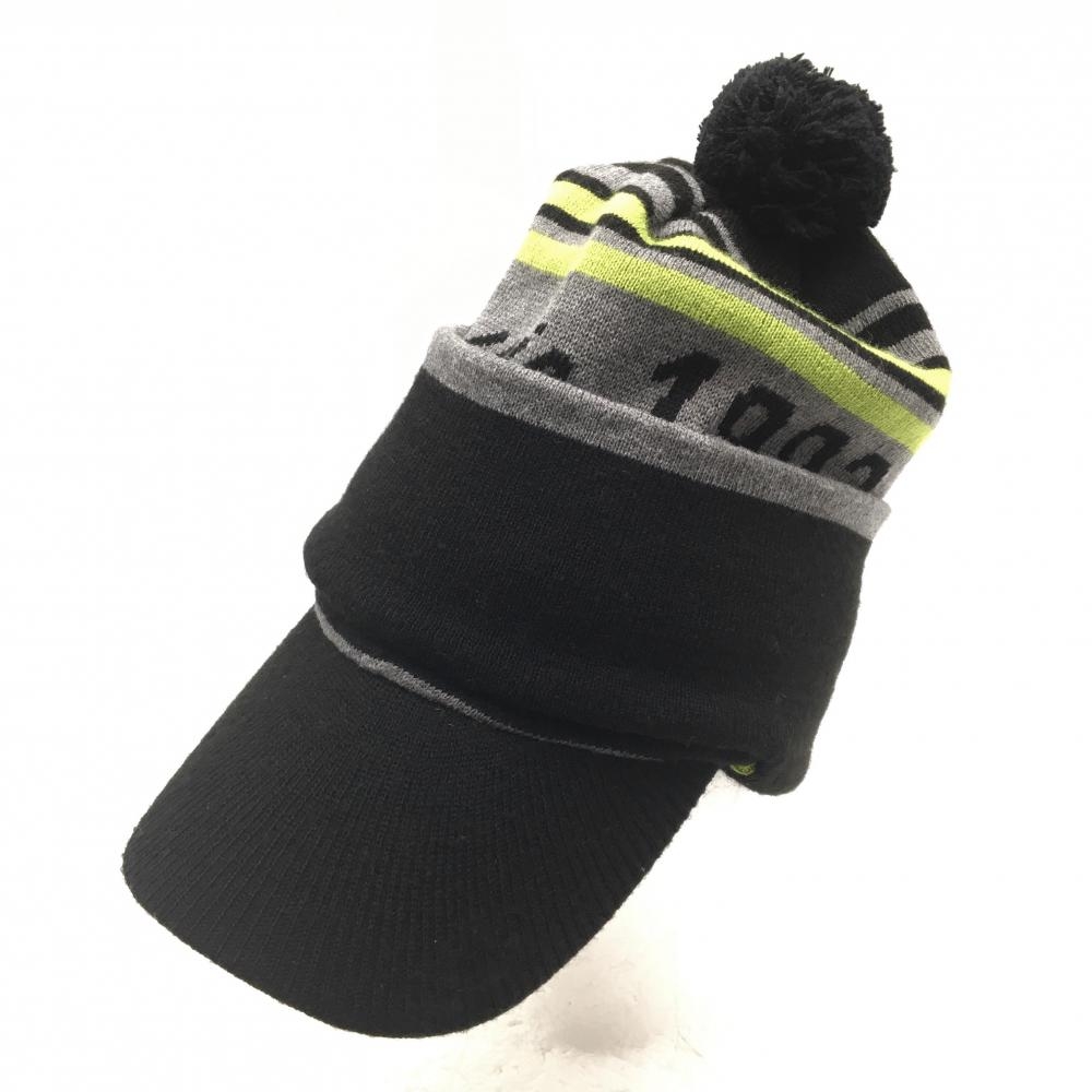 マリクレール 2WAYつば付きニット帽 黒×グレー×ライトグリーン ボーダー ボンボン付き  表記なし  ゴルフウェア marie claire