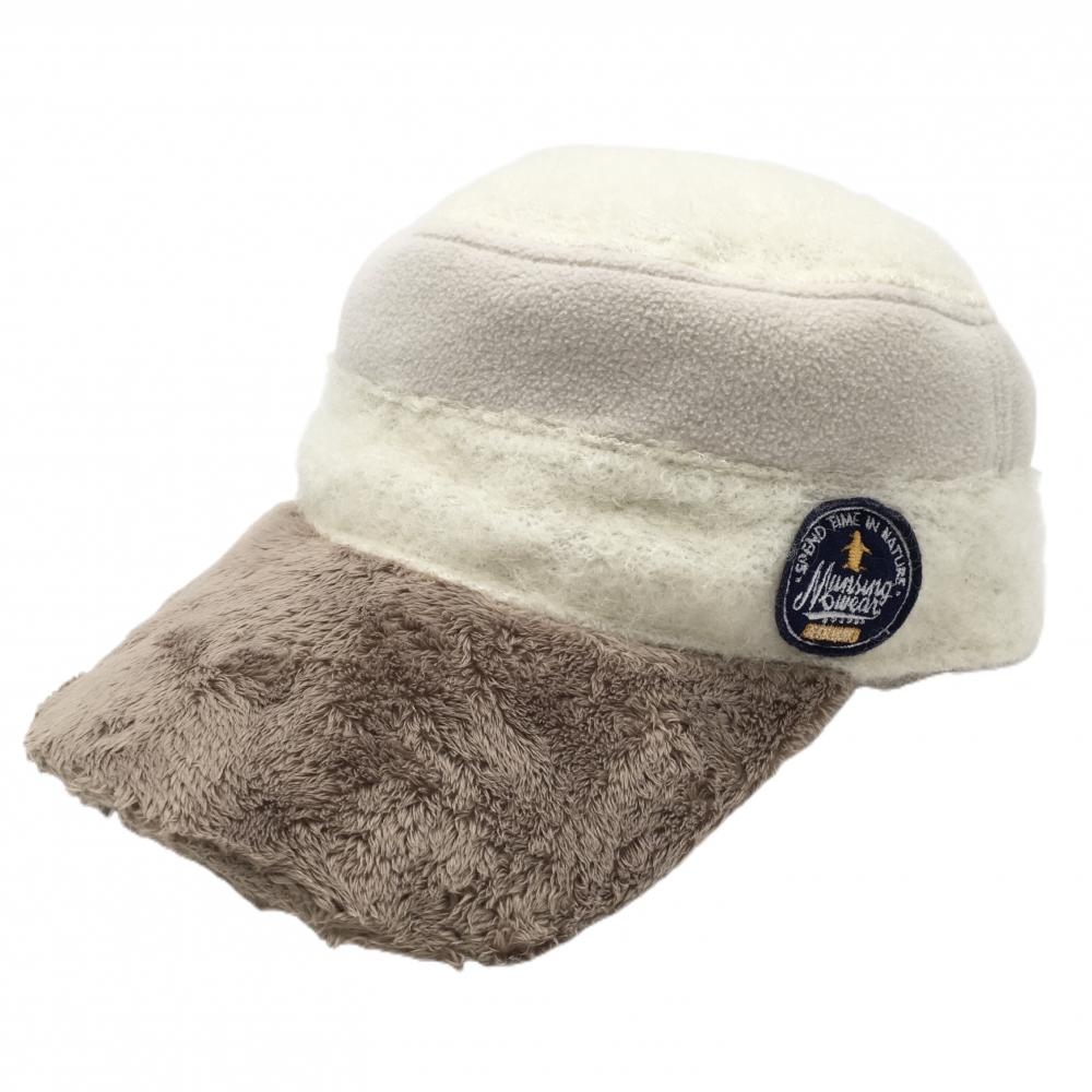 マンシングウェア ファーワークキャップ 白×ブラウン ロゴワッペン ウール混 F(55-59cm)  ゴルフウェア Munsingwear