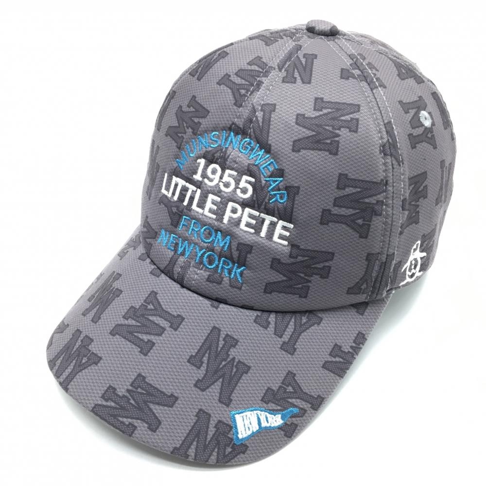 【超美品】マンシングウェア キャップ グレー ロゴ総柄 刺しゅうライトブルー F(55-59cm)   ゴルフウェア Munsingwear