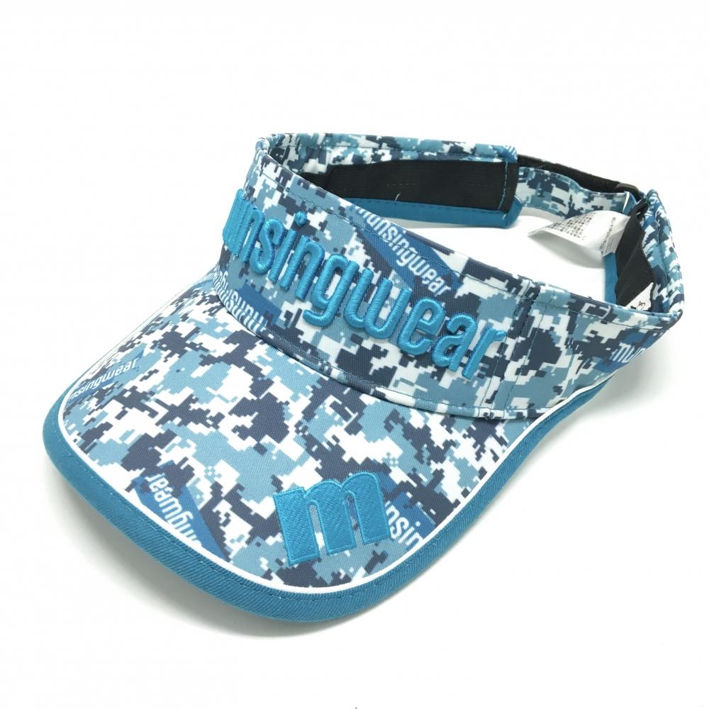 【美品】マンシングウェア サンバイザー ブルー系×グレー 総柄 F(55-59㎝）   ゴルフウェア Munsingwear