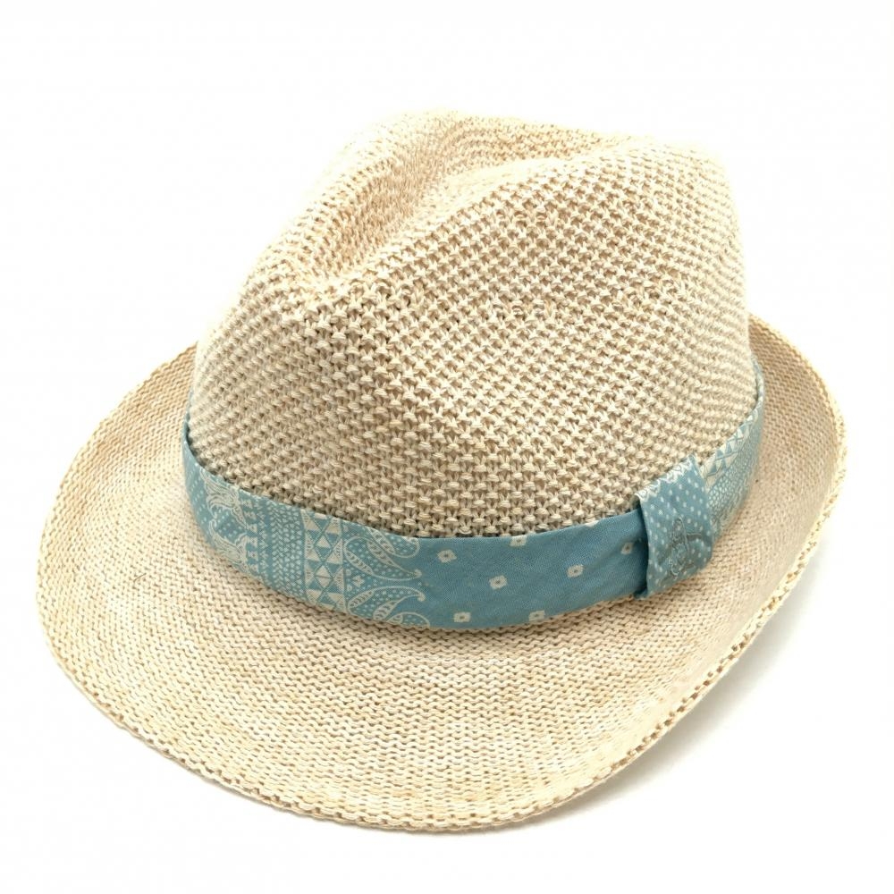 【超美品】マンシングウェア 中折れハット ライトベージュ×ライトブルー リボンバンダナ調柄 F(55-57cm)   ゴルフウェア Munsingwear