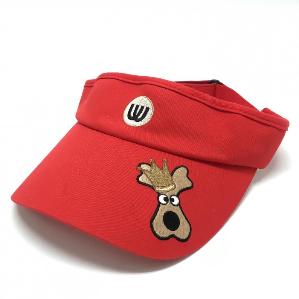 【美品】MUスポーツ サンバイザー レッド×ベージュ 犬刺しゅう   ゴルフウェア M・U SPORTS