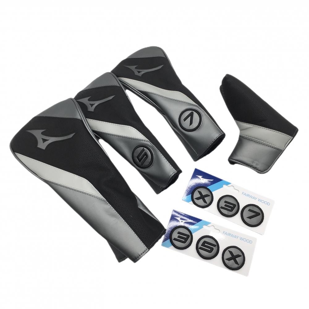 【超美品】ミズノ ヘッドカバー4点セット(DR FW UT PT) グレー×黒 中ボア ピン型 ゴルフ MIZUNO