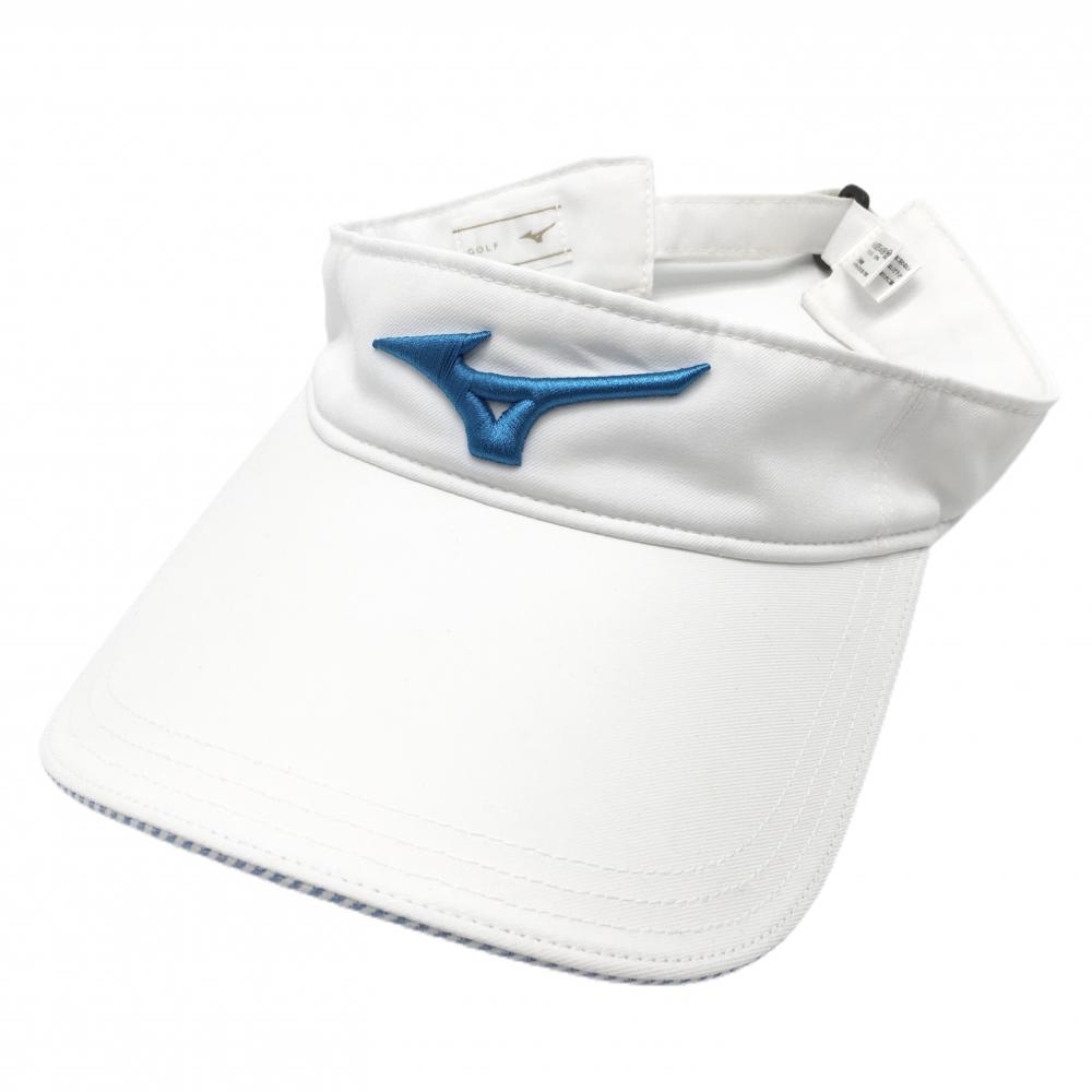 【超美品】ミズノ サンバイザー 白×ブルー 立体ロゴ刺しゅう  F(56-60cm)  ゴルフウェア MIZUNO