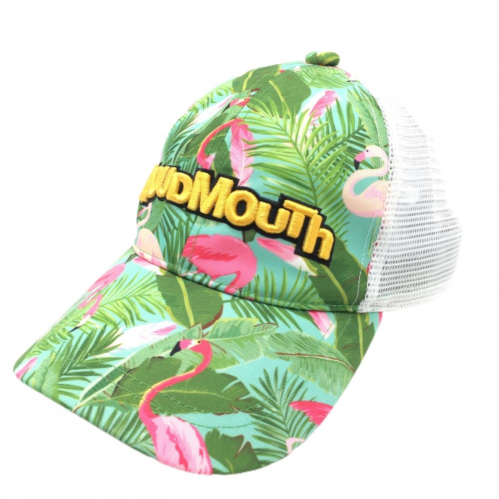 【美品】ラウドマウス メッシュキャップ グリーン×ピンク×イエロー フラミンゴグロッド 総柄 ロゴ立体刺しゅう   ゴルフウェア LOUDMOUTH