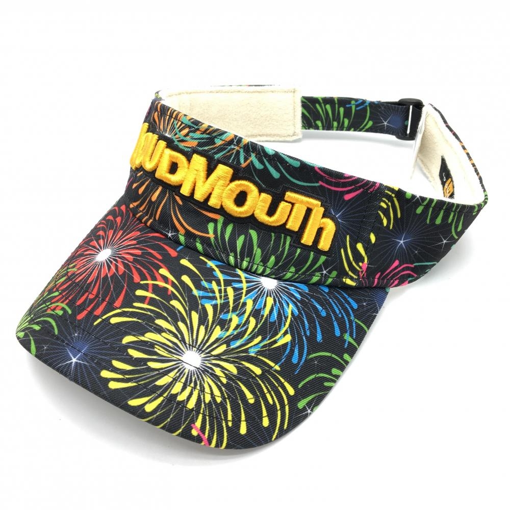 【超美品】ラウドマウス サンバイザー 黒×イエロー×レッド グランドフィナーレ 総柄 カラフル   ゴルフウェア LOUDMOUTH
