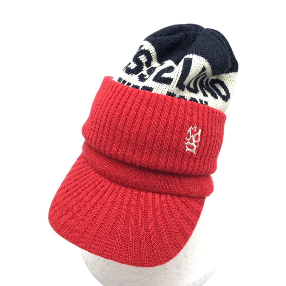 【超美品】ラッセルノ 2WAYつば付ニット帽 レッド×白×ネイビー ルチャ ウール混 ネックウォーマー F   ゴルフウェア RUSSELUNO