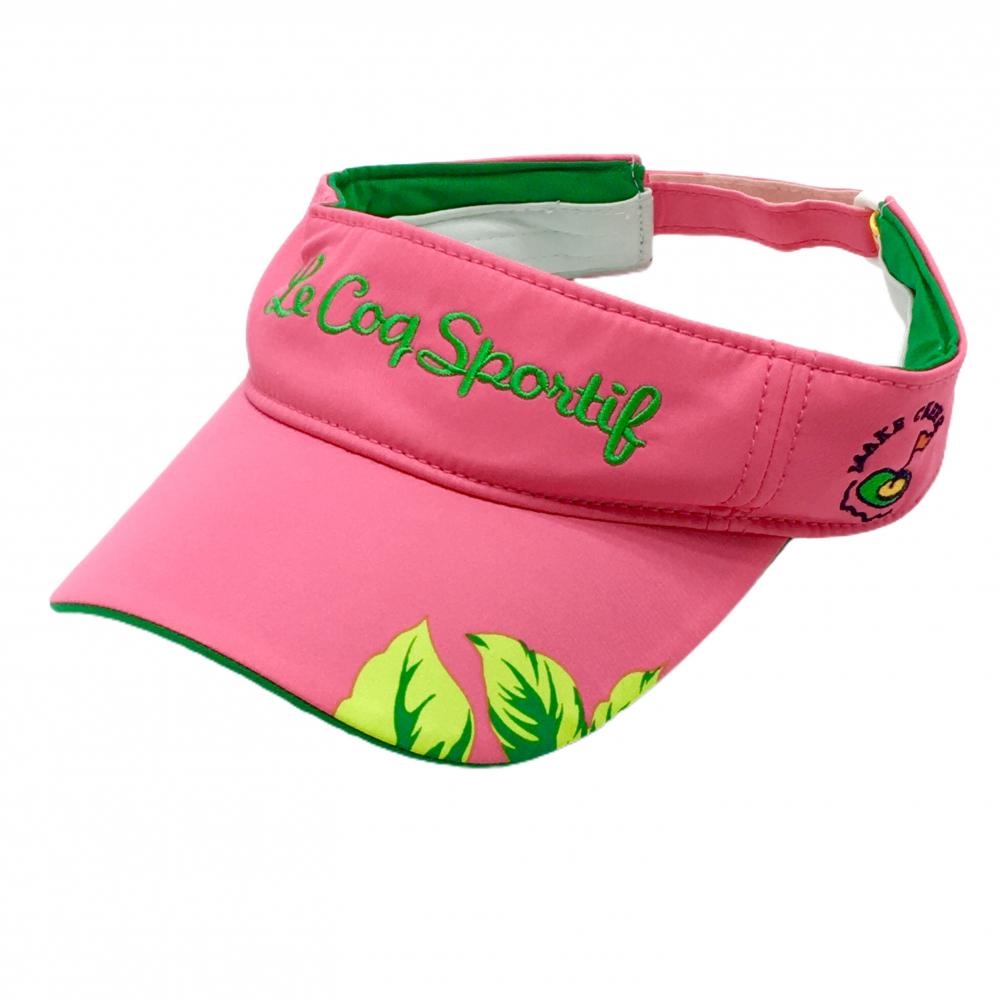 【超美品】ルコックゴルフ サンバイザー ピンク×グリーン ロゴ刺しゅう リーフ F(55cm～57cm)   ゴルフウェア le coq sportif