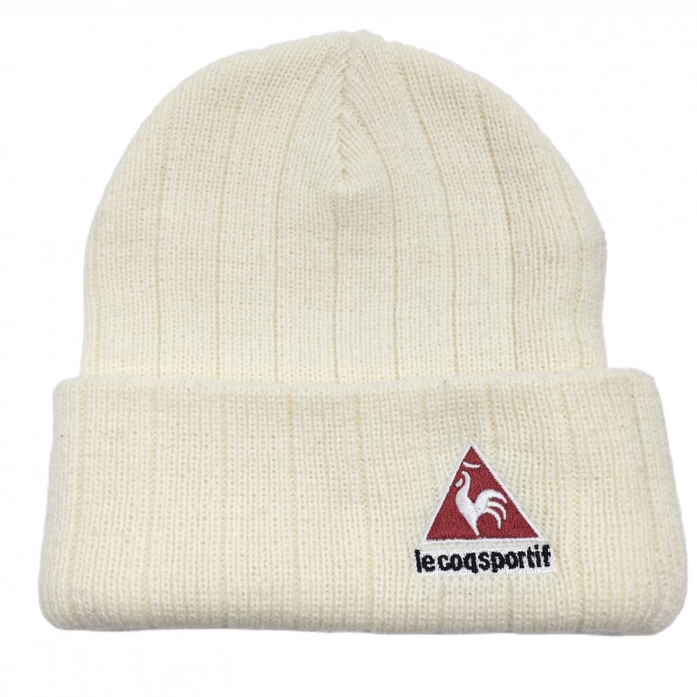 【超美品】ルコック ニット帽 アイボリー アクリル100％ ストライプ編み シンプル FREE ゴルフウェア le coq sportif