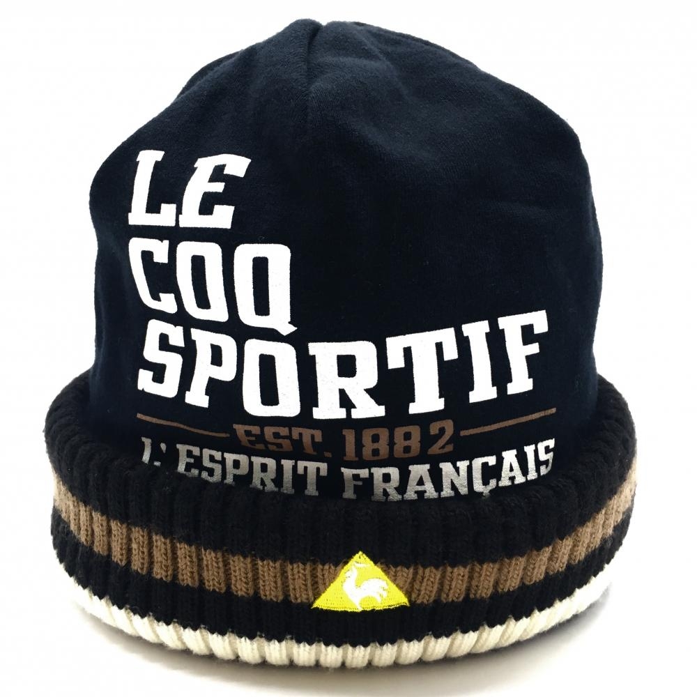 【美品】ルコックスポルティフ 異素材ニット帽 黒×白 ロゴプリント FREE  ゴルフウェア le coq sportif
