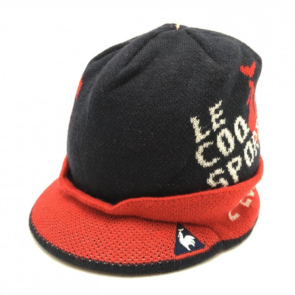 【新品】ルコック つば付ニット帽 ネイビー×レッド ウール混 F(58cm)  ゴルフウェア le coq sportif