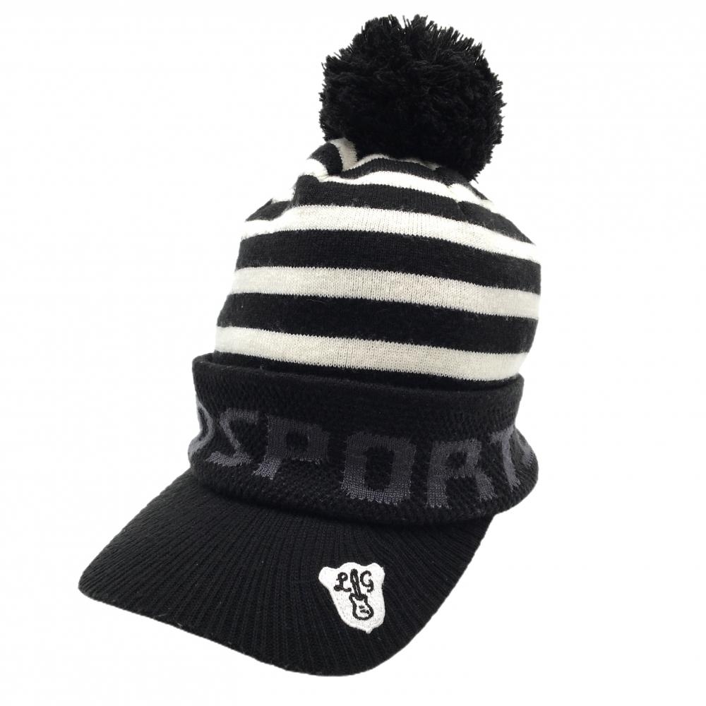 ルコック つば付ニット帽 黒×白 ボーダー アクリル100％ ボンボン付 F(55cm-57cm)  ゴルフウェア le coq sportif