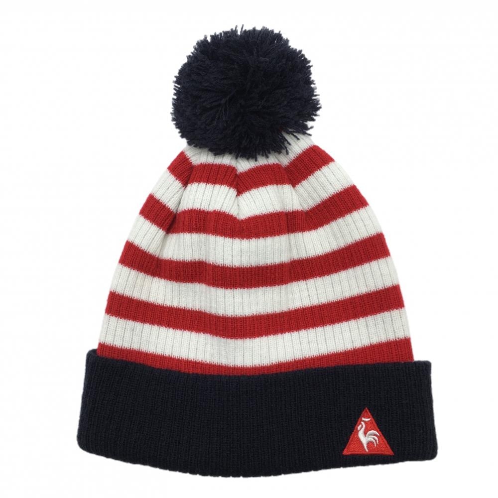 【超美品】ルコック ニット帽 白×レッド ボーダー ポンポン付  F(55-57cm)  ゴルフウェア le coq sportif