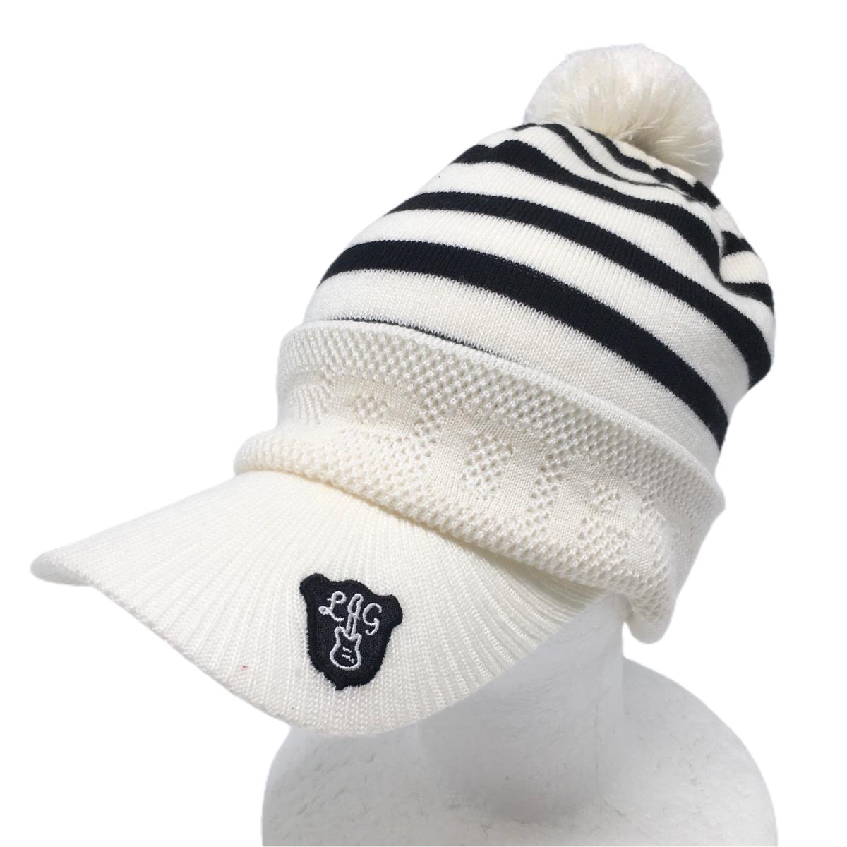 ルコックスポルティフ ニット帽 白×黒 ボーダー ボンボン付き F(55-57cm)   ゴルフウェア le coq sportif