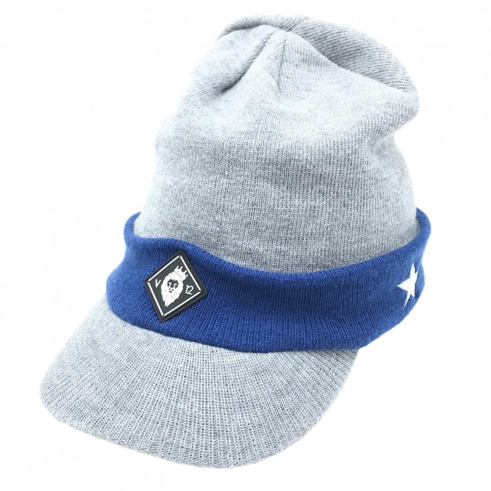 【美品】V12 つば付ニット帽 ライトグレー×ブルー サイド星柄 裏フリース   ゴルフウェア V12