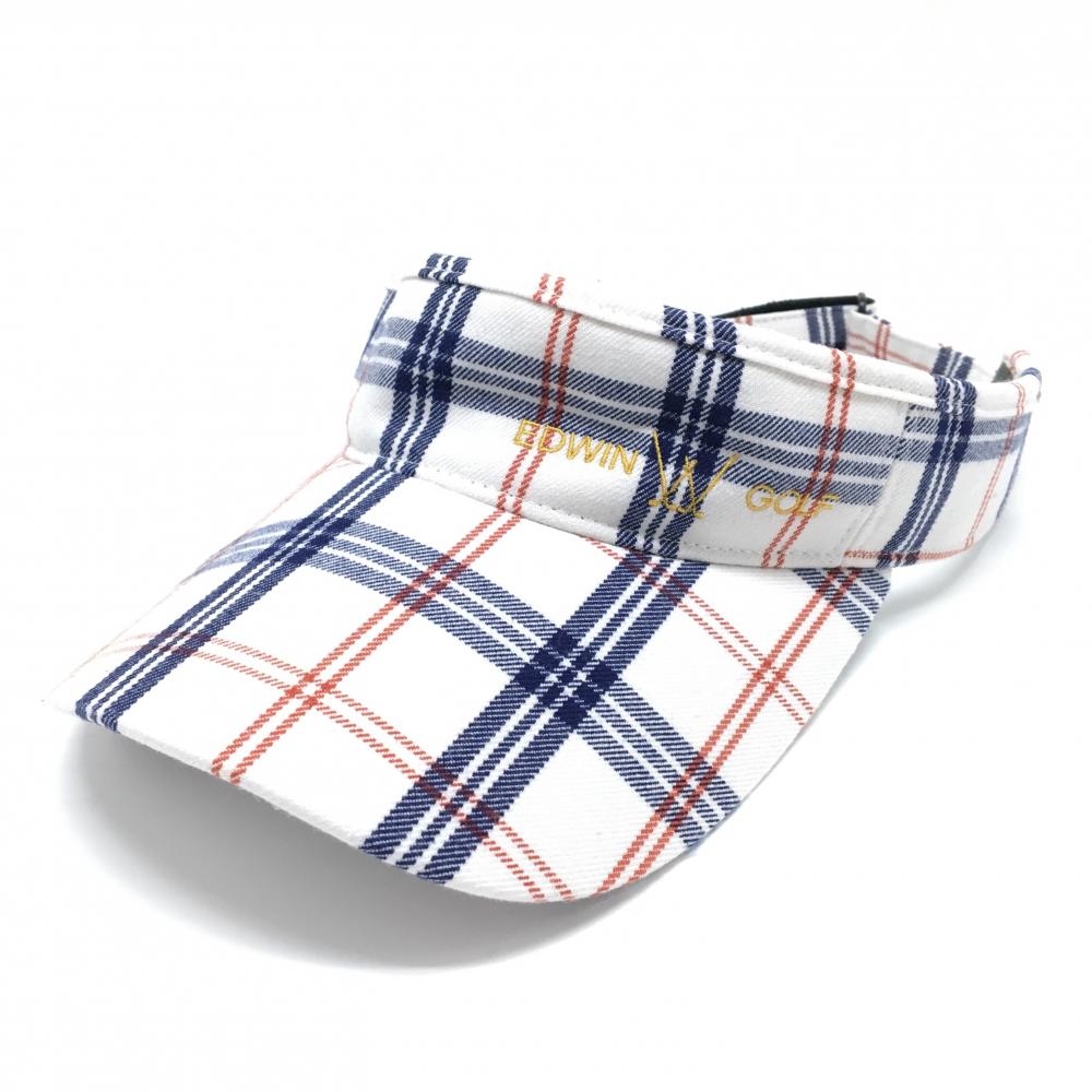 【美品】エドウィン サンバイザー 白×ネイビー チェック ロゴ刺しゅう FREE(56-58㎝)   ゴルフウェア EDWIN GOLF
