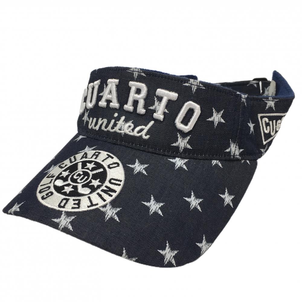 【美品】クアルトユナイテッド サンバイザー 杢黒系×白 星柄 立体ロゴ刺しゅう 内側パイル地 F   ゴルフウェア CUARTO UNITED
