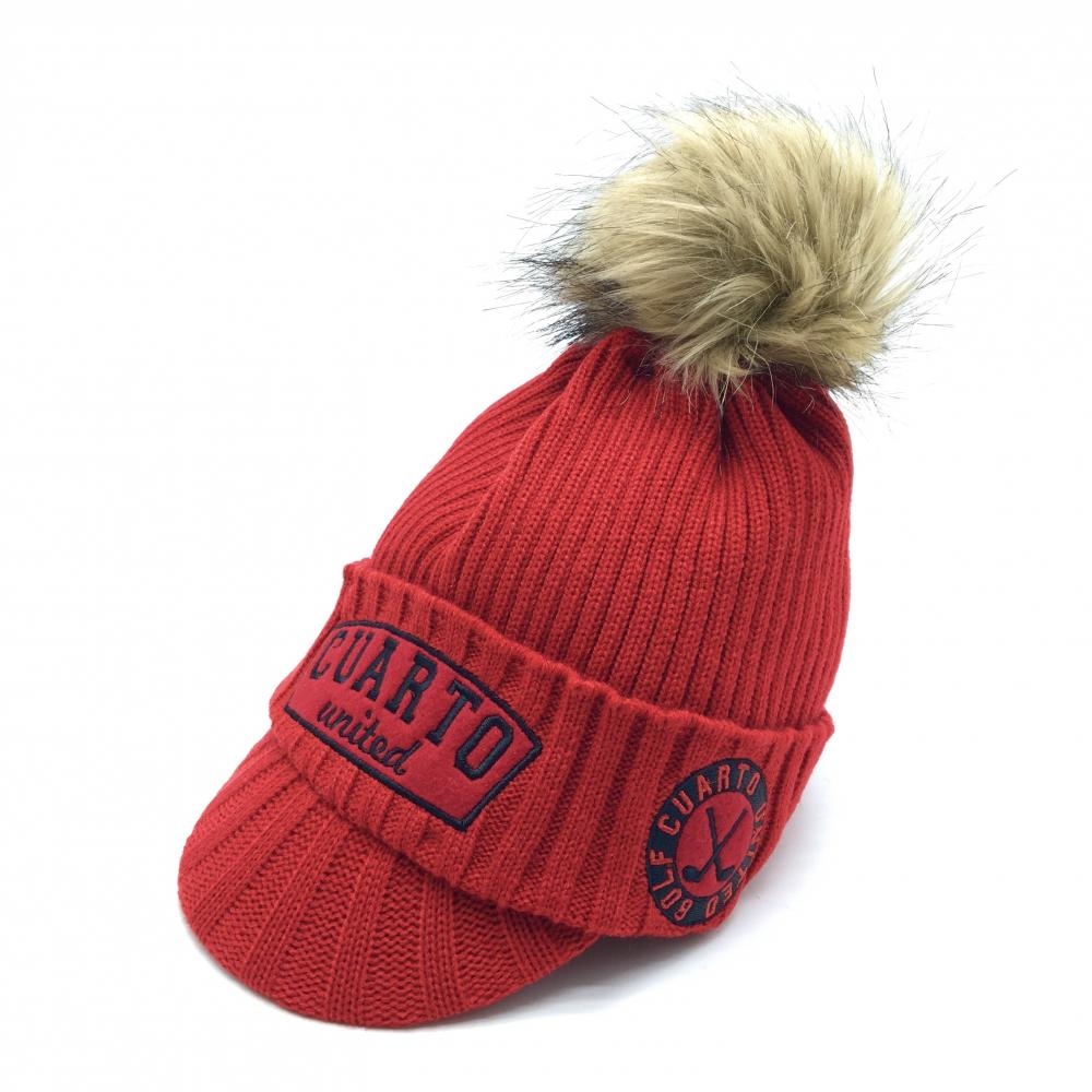 【新品】クアルトユナイテッド つば付きニット帽 レッド×黒 ロゴ刺しゅう  56-58cm  ゴルフウェア CUARTO UNITED