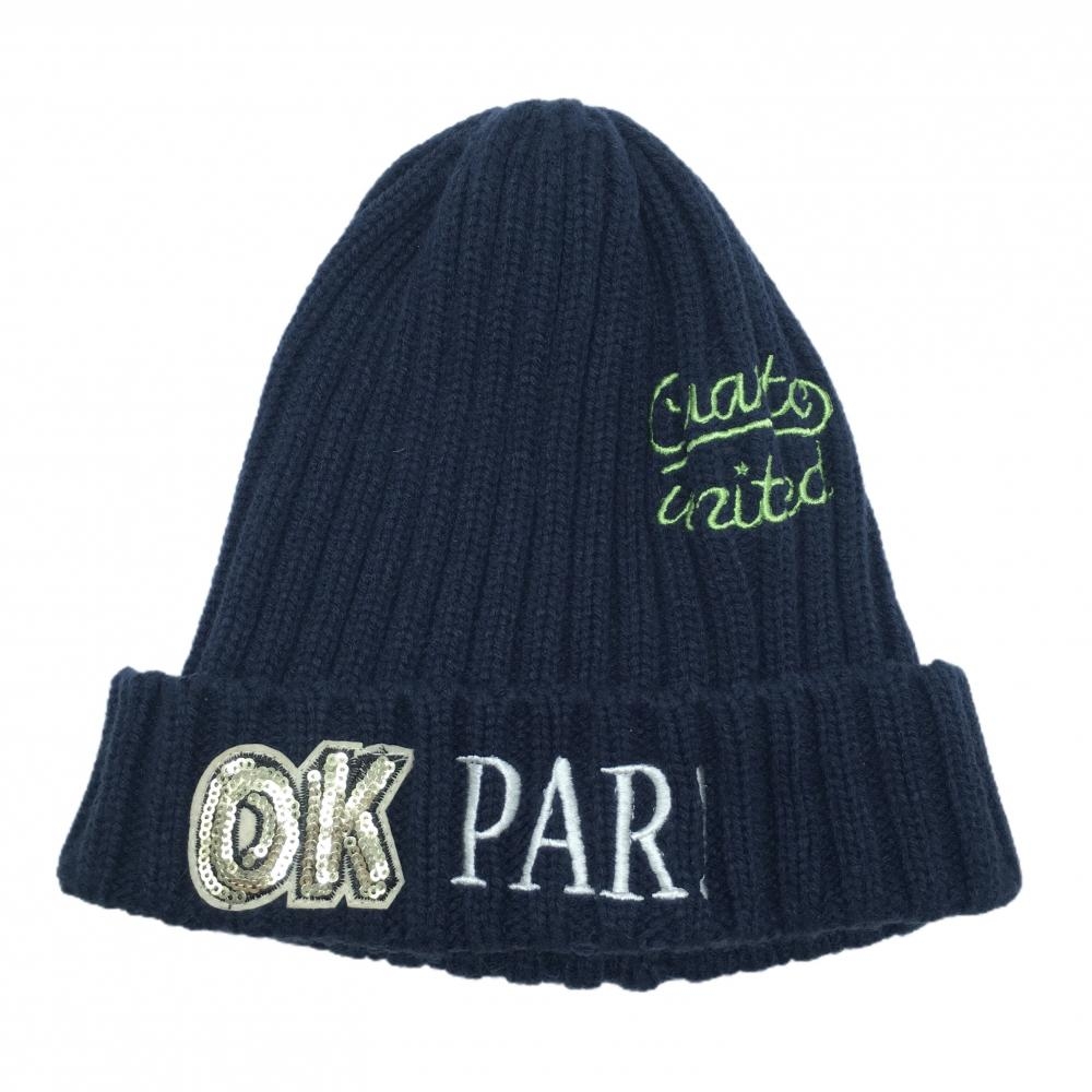【超美品】クアルトユナイテッド ニット帽 ネイビー ロゴ刺しゅう F   ゴルフウェア CUARTO UNITED