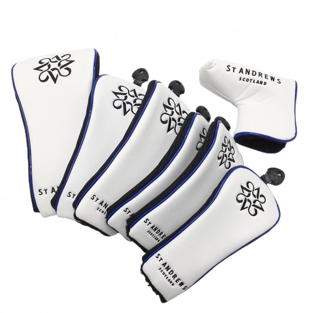 【超美品】セントアンドリュース ヘッドカバー7点セット(DR FW×2 UT×3 PT) 白×黒 ロゴ ピン型 ゴルフ St ANDREWS