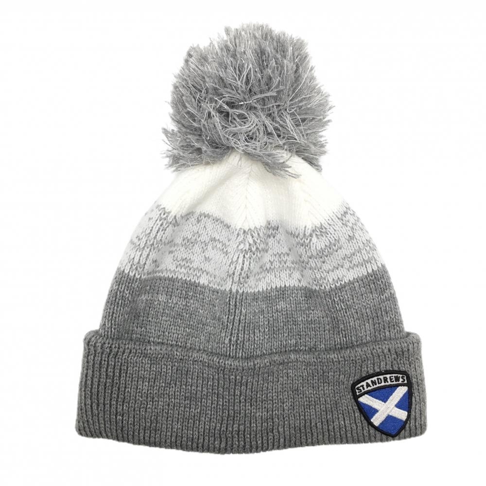 【美品】セントアンドリュース ニット帽 グレー×白 ボンボン付 ワッペン FR   ゴルフウェア St ANDREWS