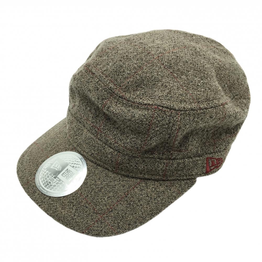 【美品】ニューエラ ワークキャップ ブラウン系×レッド ロゴ刺しゅう ティー装着可 ウール混   ゴルフウェア New Era