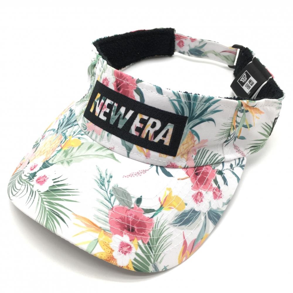 【超美品】ニューエラ サンバイザー 白×グリーン×ピンク 総柄 リーフ 花柄 パイナップル  ゴルフウェア New Era