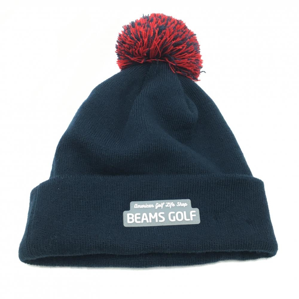 【超美品】ニューエラ×ビームスゴルフ ニット帽 ネイビー×レッド ボンボン付   ゴルフウェア New Era