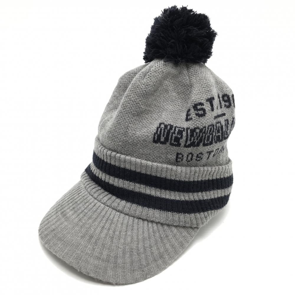 ニューバランスゴルフ つば付きニット帽 グレー×ネイビー ボンボン付き 裏フリース サイドロゴ FR   ゴルフウェア New Balance