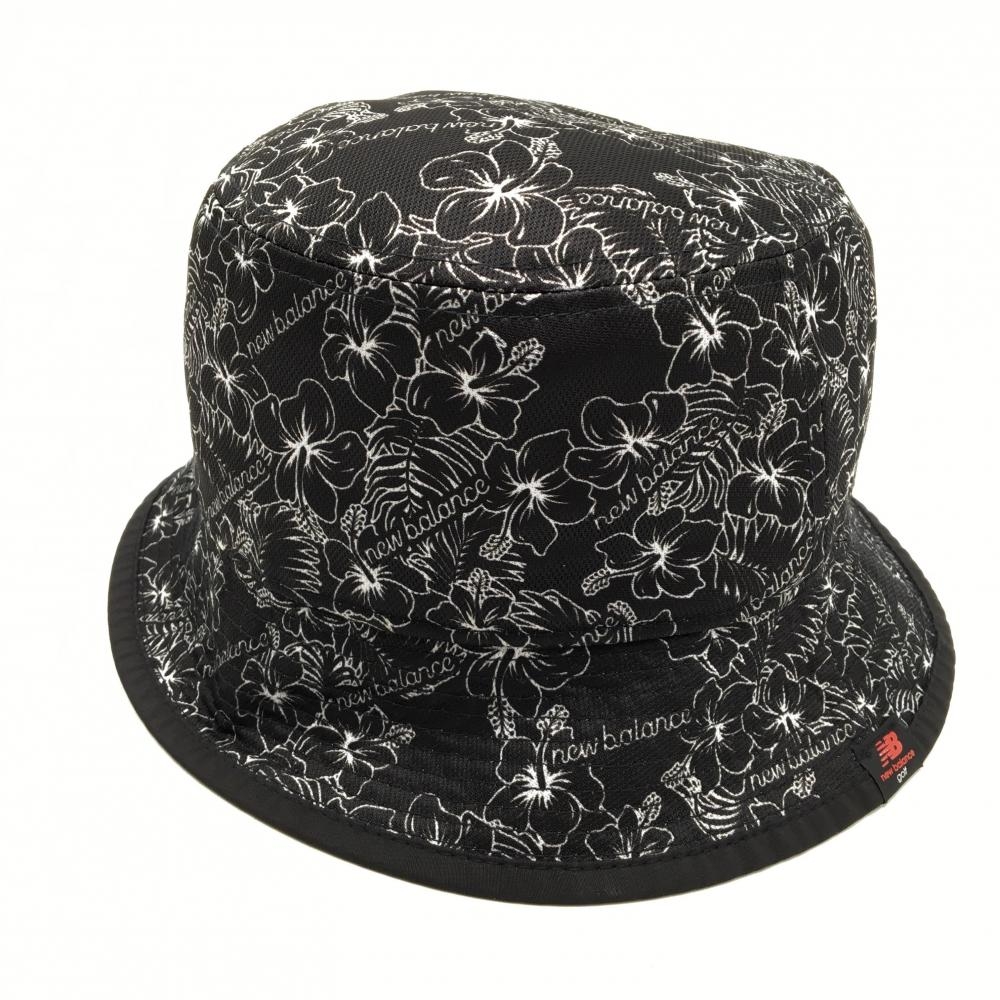 【超美品】ニューバランスゴルフ リバーシブルハット 黒×白 ハイビスカス柄 裏無地 ロゴ刺しゅうドローコード   ゴルフウェア New Balance