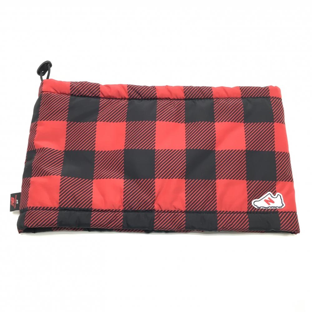 【美品】ニューバランスゴルフ ネックウォーマー レッド×黒 チェック柄 シューズワッペン 裏起毛 FR   ゴルフウェア New Balance