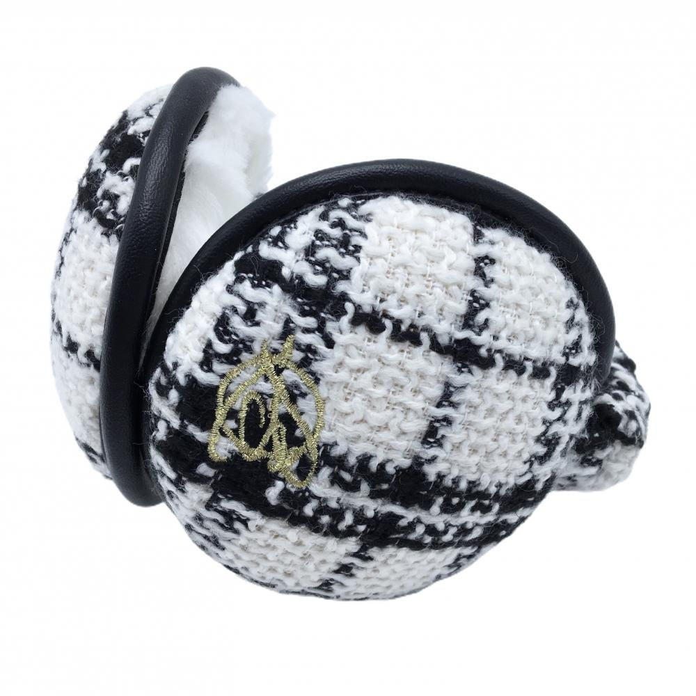 【超美品】リエンダスエルタ イヤーマフ 黒×白 チェック 裏ボア   ゴルフウェア rienda suelta