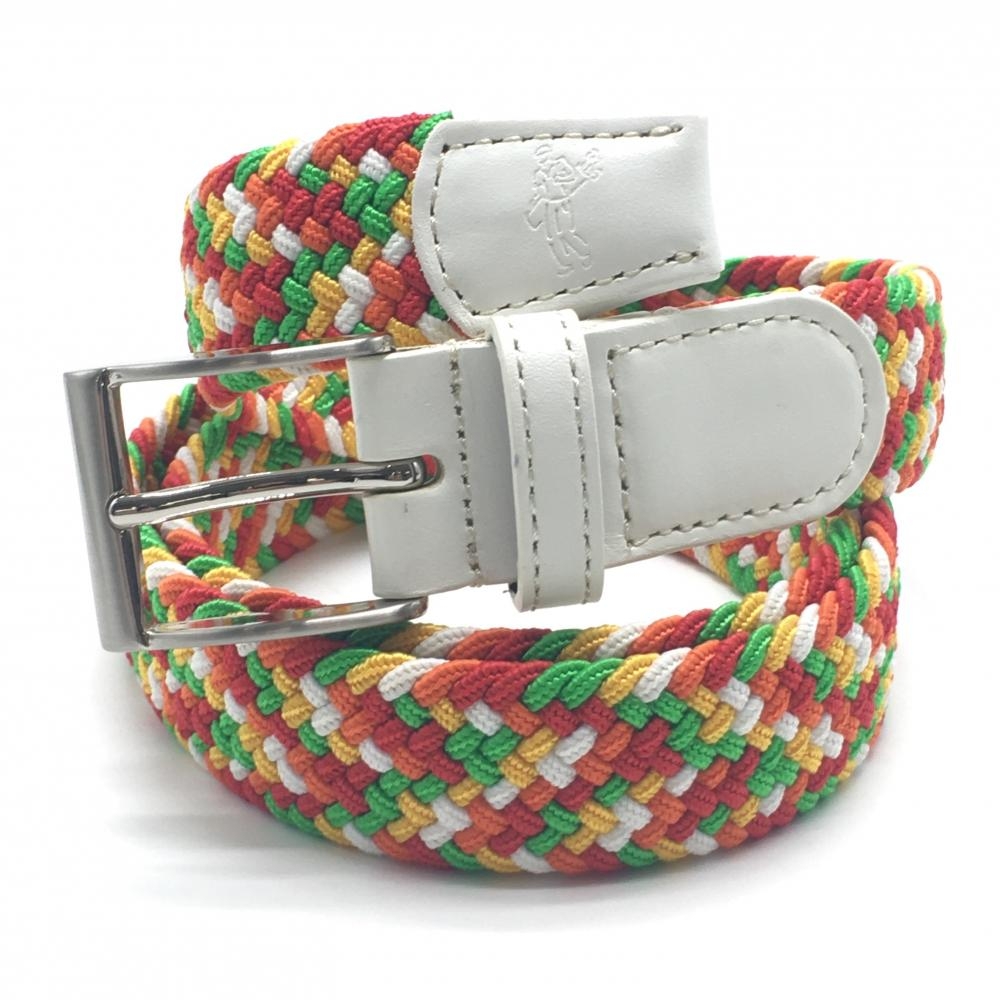 【美品】アシュワース メッシュベルト マルチカラー×白 ストレッチ レザー部裏擦れ メンズ  ゴルフウェア ASHWORTH