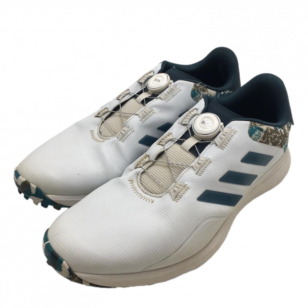 アディダス ゴルフシューズ 白×グリーンブルー系 一部柄 HP3237 スパイクレス  メンズ 30.0 ゴルフウェア adidas