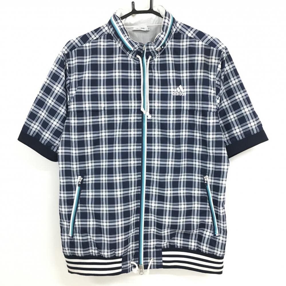 アディダス 半袖ブルゾン ネイビー×白 チェック 蓄熱裏地 フード収納 メンズ O/XG ゴルフウェア adidas