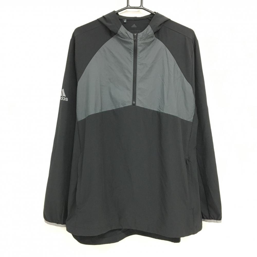 【美品】アディダス ブルゾン 黒×グレー ハーフジップ フード付き メンズ XO ゴルフウェア 大きいサイズ adidas