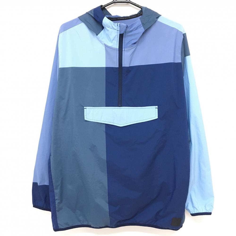 【美品】アディダス フード付ブルゾン ネイビー×ライトブルー 薄手 ハーフジップ メンズ XO ゴルフウェア adidas