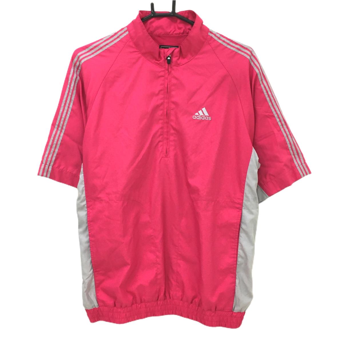 アディダス 半袖ブルゾン ピンク×ライトグレー 裏地メッシュ ハーフジップ 肩3ライン  メンズ M/M ゴルフウェア adidas