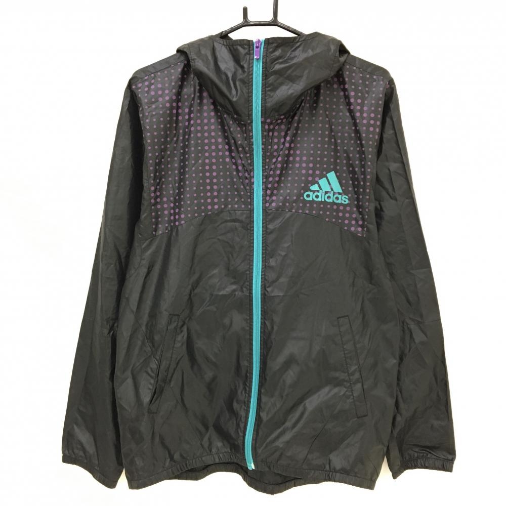 【美品】アディダス ジップパーカー 黒×パープル 一部ドット柄 ロゴプリント ポリエステル100％ メンズ L ゴルフウェア adidas