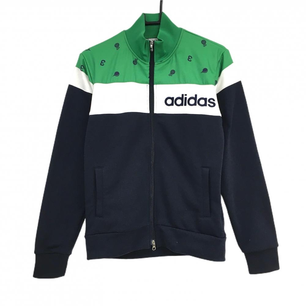 【美品】アディダス ジャケットブルゾン グリーン×ネイビー 上部柄 裏微起毛 ロゴ刺しゅう メンズ S/P ゴルフウェア adidas