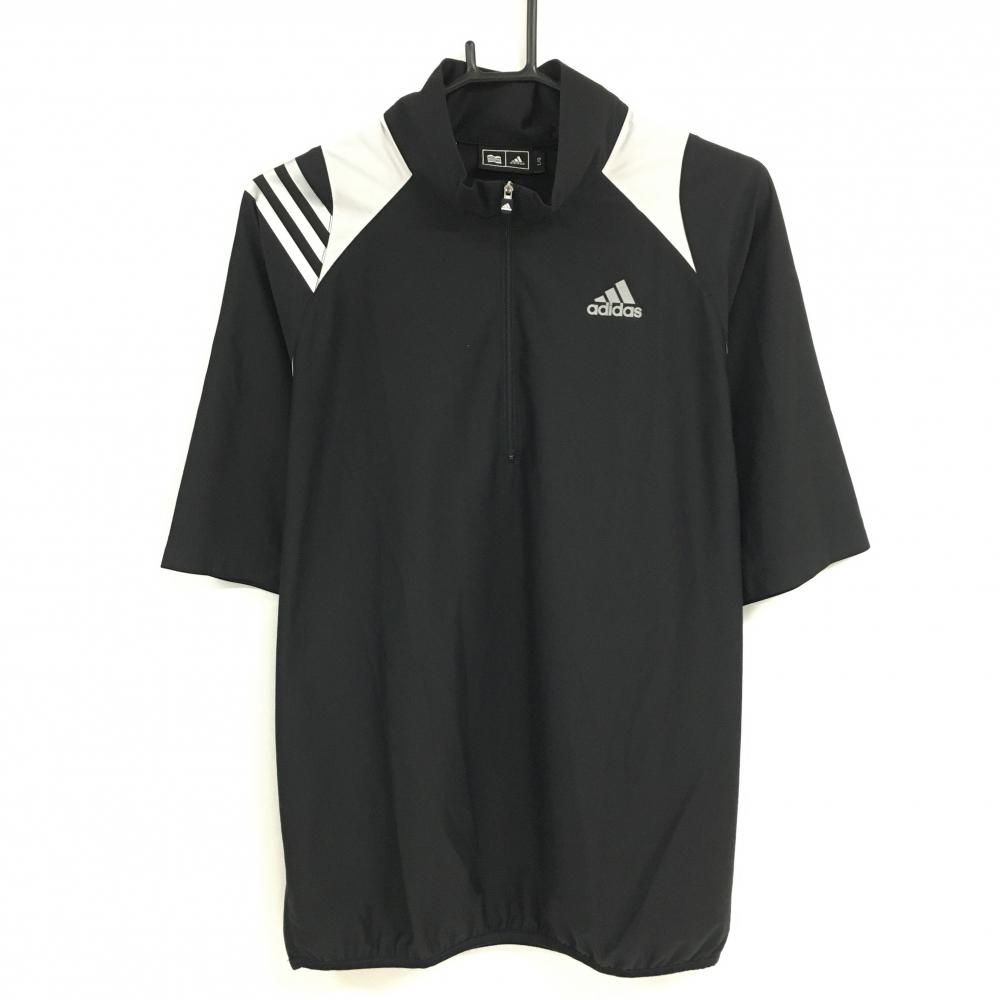 【美品】アディダス 半袖ブルゾン 黒×ライトグレー ハーフジップ 肩3ライン 裾ジップ メンズ L/G ゴルフウェア adidas
